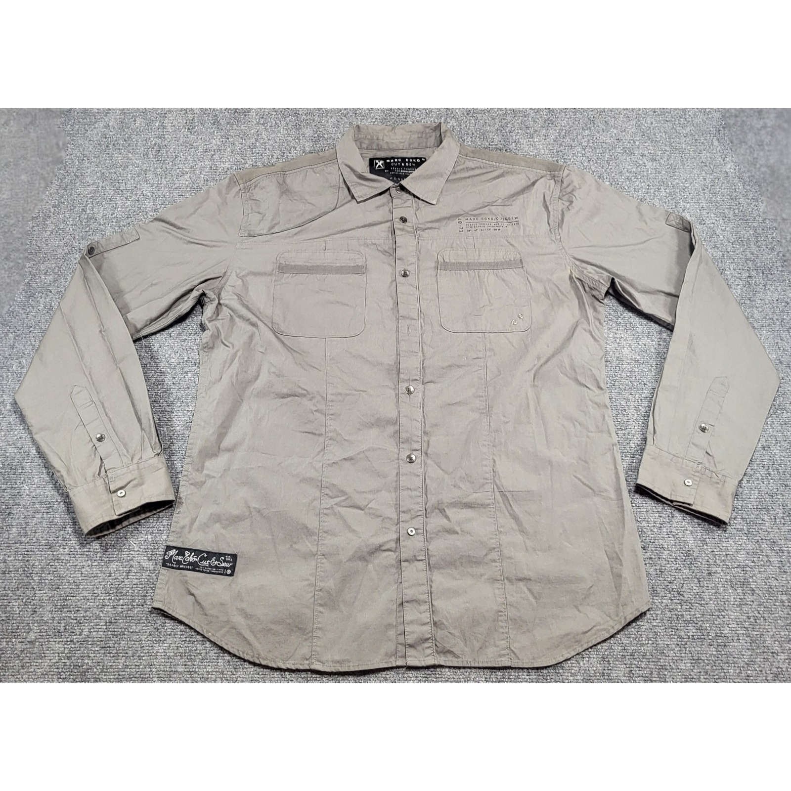 Marc Ecko Cut & Sew Beige Cotton Long Sleeve Button-Up Shirt With Pockets Xlarge
